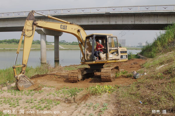 县水利部门出动挖土机清理河堤两岸私种农作物